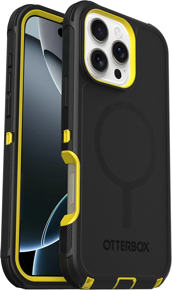 OtterBox iPhone 16 Pro Max (Only) Defender Series MagSafe Case - Night (Black & Yellow) - Built-in Magnets - Screenless - Rugged & Durable - with Port Protection