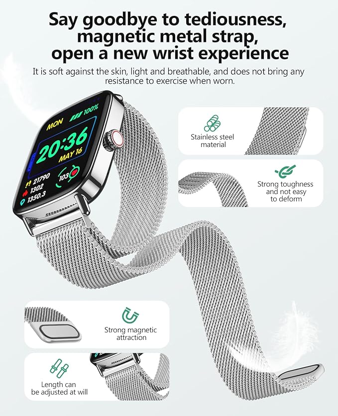 SOUYIE Smart Watch for Women Men, 1.85" AI Voice Smartwatch, 24/7 Heart Rate Monitor, Stress/SpO2/Sleep Tracker, IP68 Waterproof, Weather, 100+ Sports Fitness Tracker for Android iOS Silver Metal