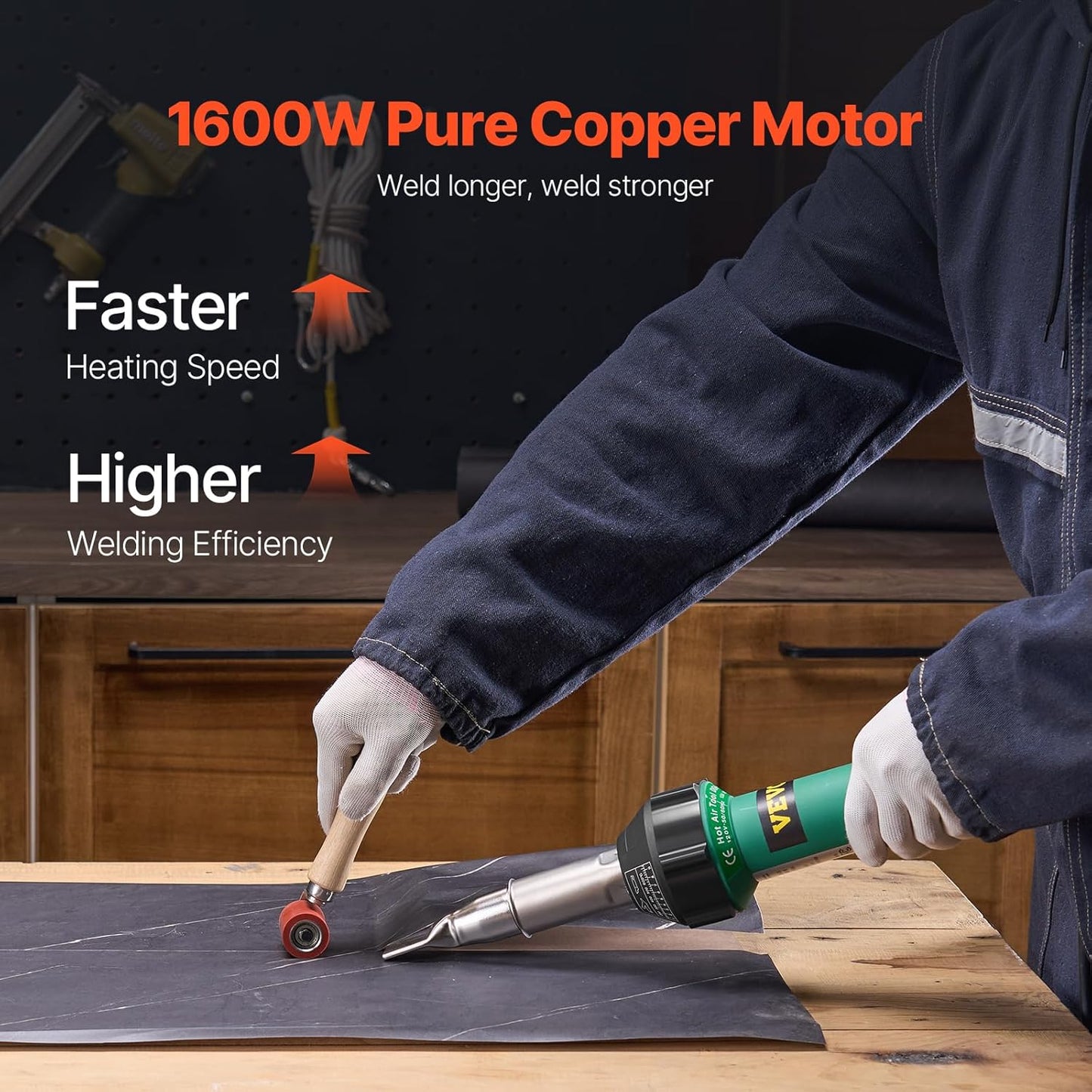 VEVOR Hot Air Plastic Welder, 1600W Hot Air Torch Pistol, 122-1112℉ PVC TPO Vinyl Heat Gun Welding Torch, Plastic Welding Roofing Kit with 4 Accessories - 2 Nozzles & 1 Seam Roller for PP/PE/PVC Sheet