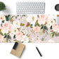 Pink Flowers Keyboard Pad PC Gaming Desk Mat Desk Mouse Pads Green Leaves Floral Mouse Pad Large, Computer XL Big Mousepad Deskpad Mat with Stitched Edge for Women Home Office Decor 31.5x11.8 in