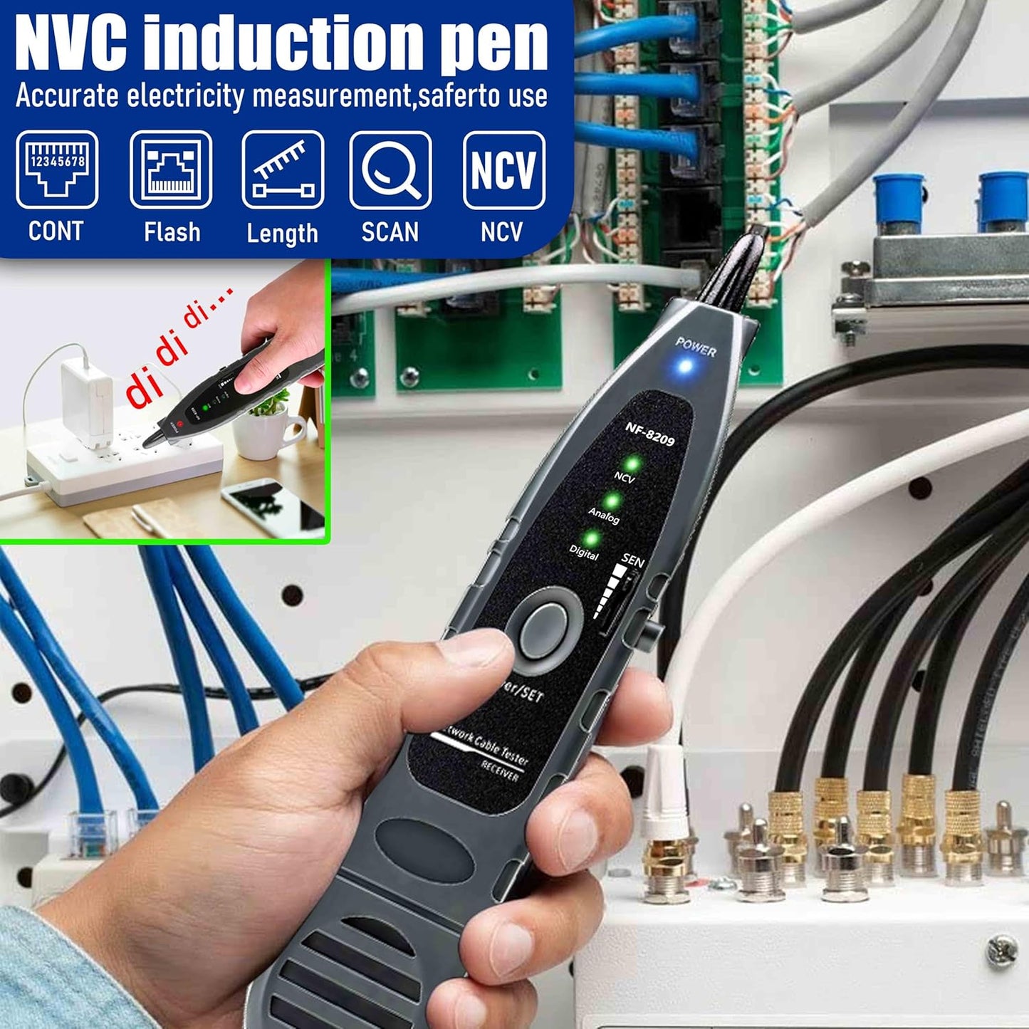 NF-8209 Network Cable Tester for POE Test/CAT5e/CAT6/CAT6a LAN Ethernet Wire Tracer,Detect Voltage Measure Fault Distance by TDR,Telephone Line Continuity Testing and Length Measurement