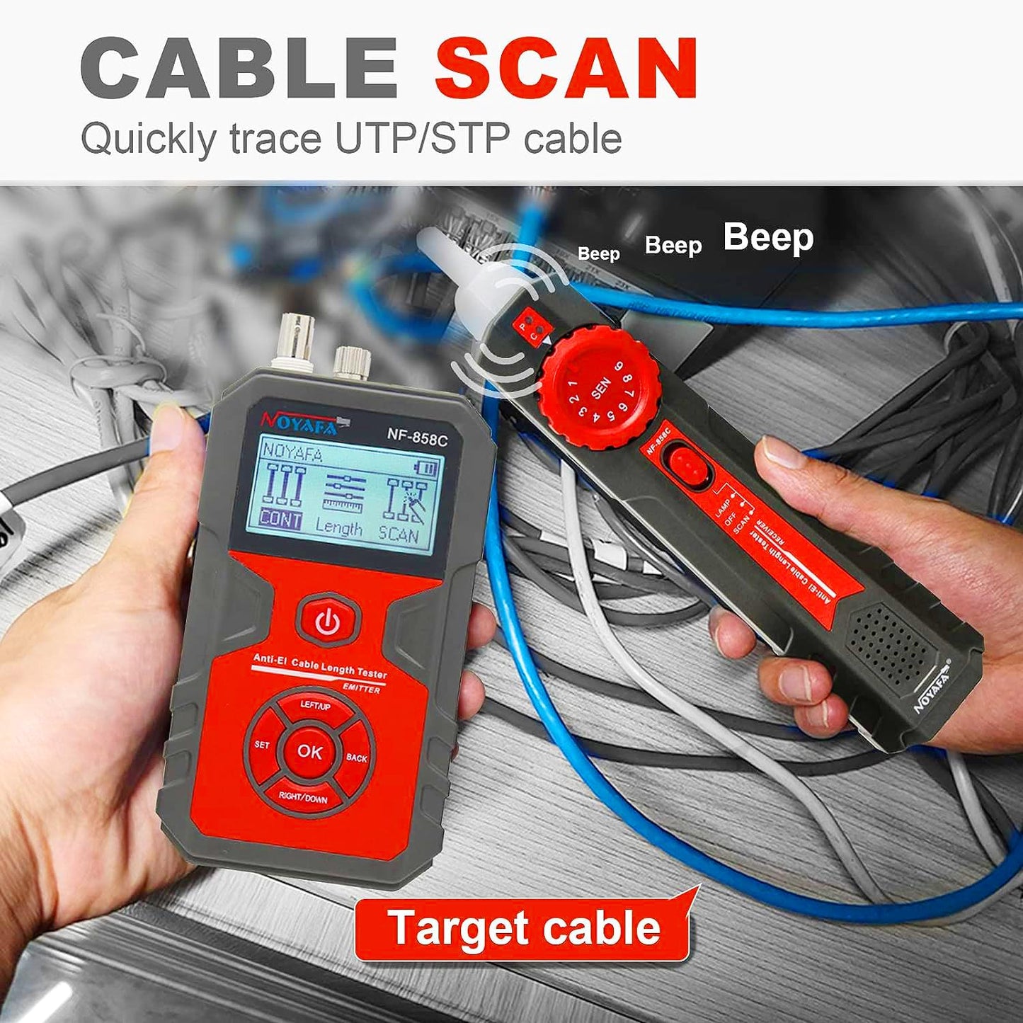 NOYAFA NF-858C Network Cable Tester Multifunctional with VFL Function,RJ11 RJ45 BNC,POE Voltage Testing Trace Cable Line Locator for Telephone/Ethernet/LAN Coax Cable Rechargeable Anti-Interference