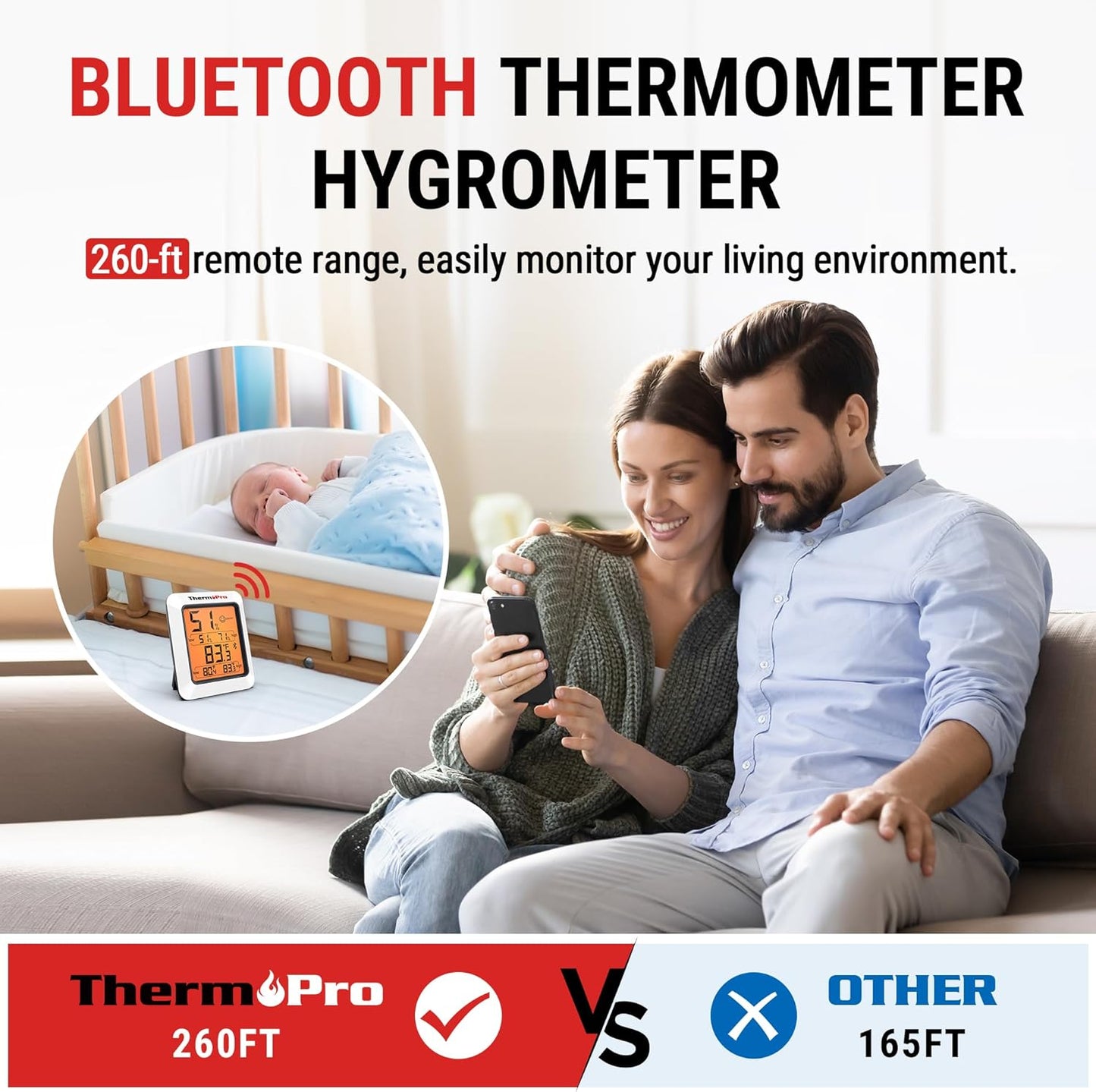 ThermoPro Hygrometer Thermometer for House TP350, Bluetooth Room Indoor Greenhouse Thermometer Monitor Up to 260FT, Backlit Humidity Meter Temperature Sensor with 2-Year Data Export