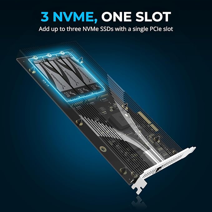 SABRENT PCIe 3.0 x4 Add-in Card with 10GbE and 3X M.2 NVMe SSD Slots, Tool-Free Aluminum Heatsink, Supports 2230/2242/2260/2280, No Bifurcation Required, NAS/Server/PC Compatible (EC-PM2L)