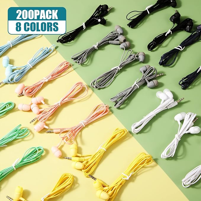 Macarrie 200 Pack Earbuds Bulk Earphones 3.5 mm Classroom Headphones for Adult Assorted Colors Earbud Wired Earphone Without Mic for Adult Office Home Individually Bagged(Multicolor)