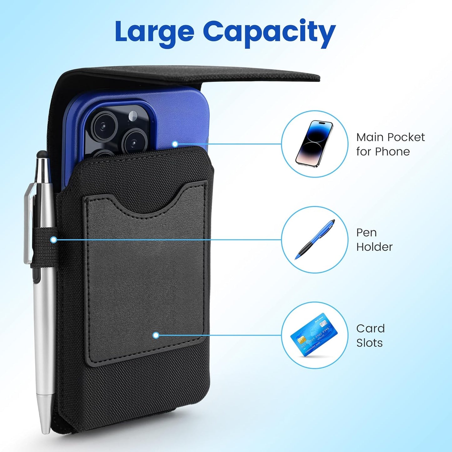 Mopaclle Nylon Phone Holster for iPhone 17 Pro iPhone 16 Pro 16e 15Pro 14 13 12 11,Samsung Galaxy S25 S24 S23 S22 S21 Cell Phone Belt Holder with Carabiner Clip & ID Card Pocket Pouch for Men Women