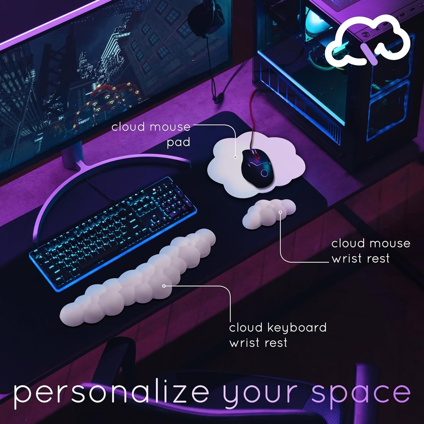 Qloud Cloud Wrist Rest Keyboard Wrist Rest for Computer Keyboard Pad, Cloud Keyboard Wrist Rest, Wrist Pad for Keyboard, Memory Foam, Non Slip Base, Comes with Mouse Pad - Yellow