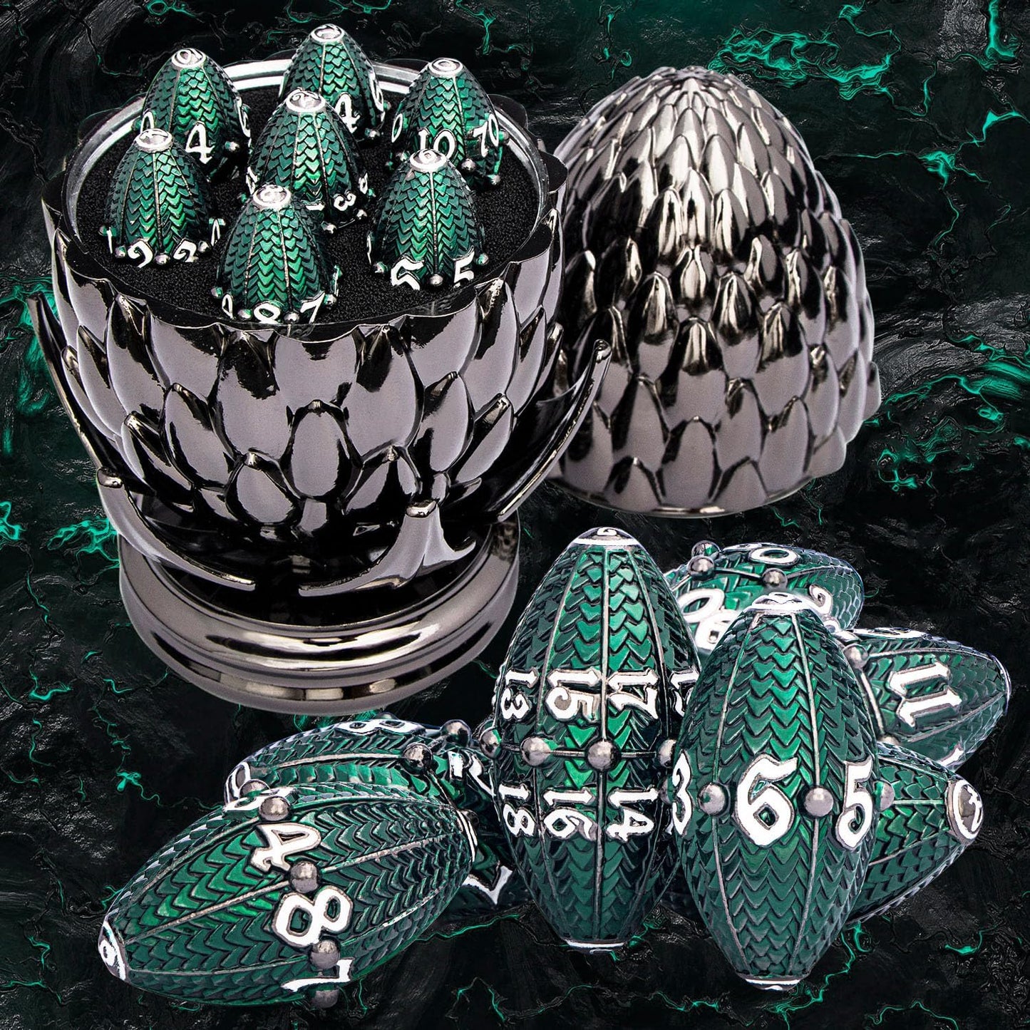 ARUOHHA DND Metal Dice Black Green Dragon Egg Dice with Rotating Dragon Egg Shell, Role Playing Game RPG Polyhedral D and D Dice Set D20 D12 D10 D8 D6 D4