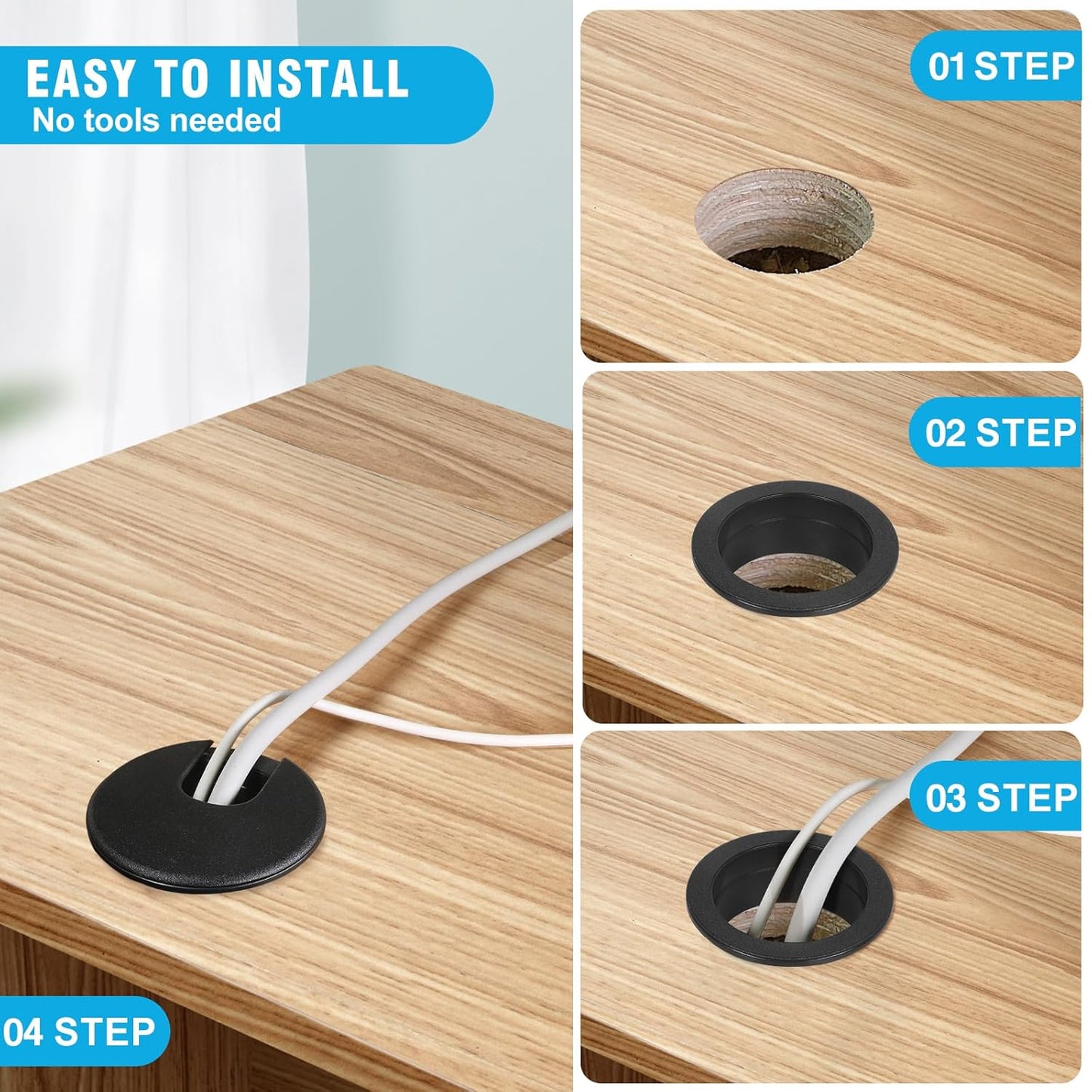2" Black Desk Grommet, JTemgle Plastic Cable Hole Cover Computer Table Cord Wire Organizer Caps Desktop Cord Management for Home Office TV Stands Tabletops, 10 Pieces