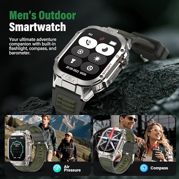 Military Smart Watch for Men, 2.02" Outdoor Sport Smartwatch with Flashlight, Heart Rate Blood Oxygen Blood Pressure Sleep, 100+ Sport Modes Fitness Tracker Compatible Android and iOS Green