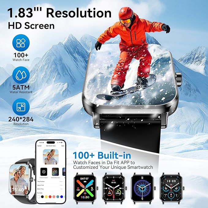 Smart Watches for Men Women, 1.83" HD Touchsreen, Bluetooth Calling, 5 ATM Water-Resistance, 130+ Sports Modes, Health, Fitness & Sleep Tracker, Timer, Pedometer, Fitness Watch for Android/iOS, Black