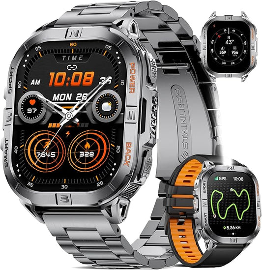 Military Smart Watches for Men,Built-in GPS/LED Flashlight/Compass/600mAh Battery,2.13" AMOLED Outdoor Sports Smartwatch with 170+ Sport Modes,5ATM Waterproof Fitness Tracker for iOS Android,Black