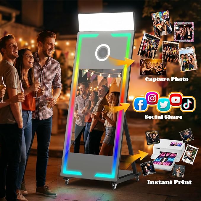 Magic Mirror Photo Booth 65’’ with Camera and Printer, Portable 43“ Touch Screen Mirror Photo Booth with APP Control, Professional Photography Fill Light for Wedding Event Party Rental (White, 65-43")