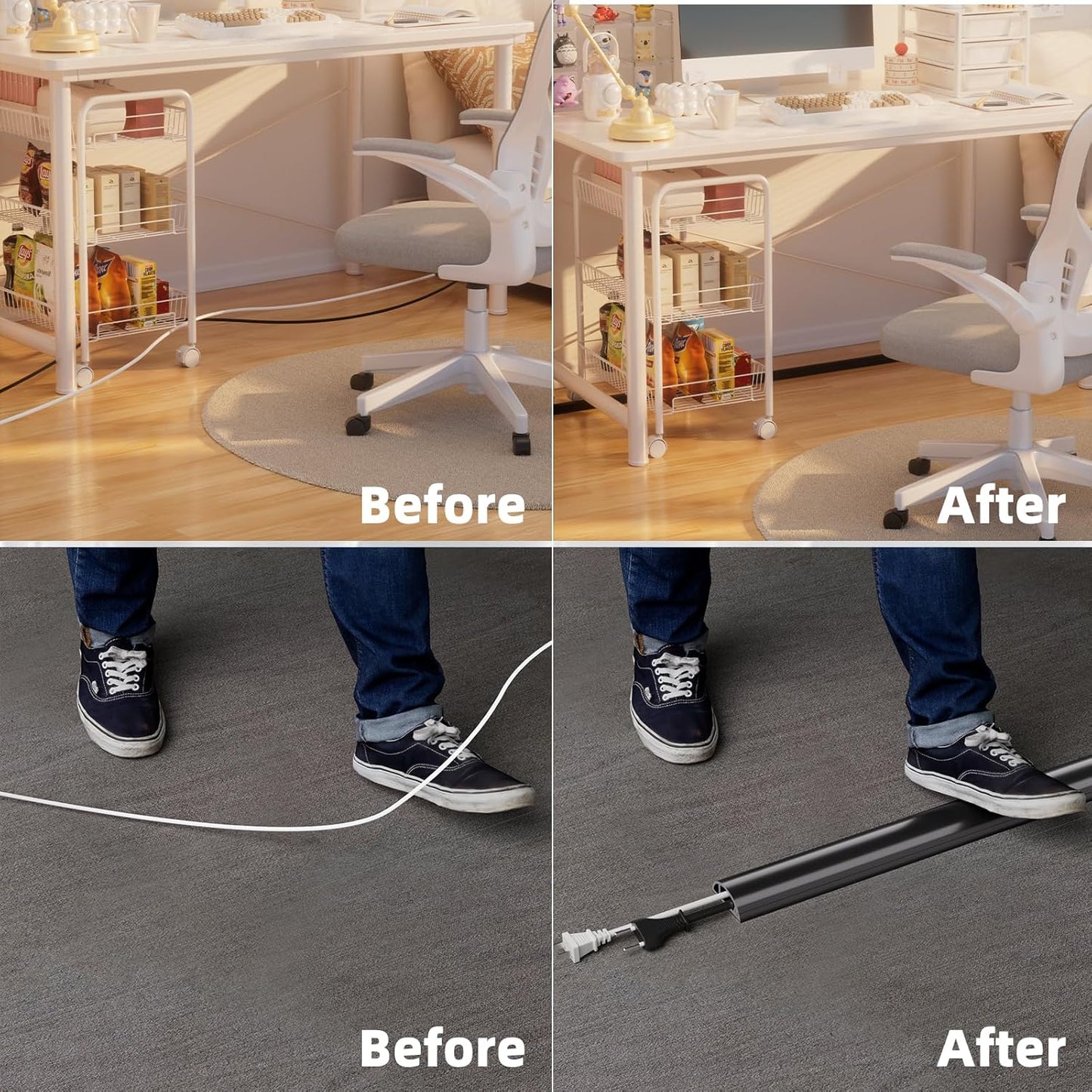 9.8ft Floor Cord Cover, Silicone Wire Hider, Hide Extension Cords, Protect Cords, Prevent Cable Trips, Heavy-Duty Adhesive-Backed Anti-Trip Cable Protector for Floor, Desk & Wall