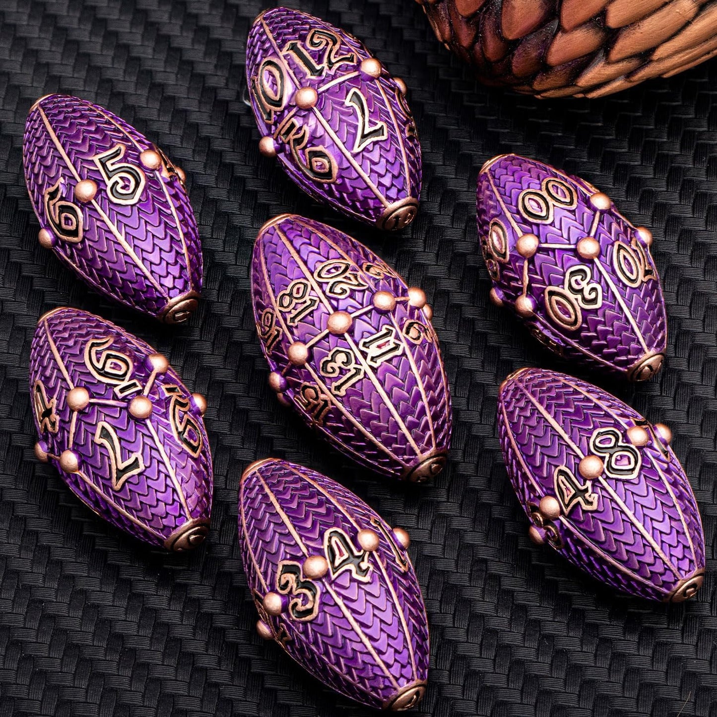 ARUOHHA DND Metal Dice Copper Purple Dragon Egg Dice with Metal Box, Role Playing Game RPG Polyhedral D and D Dice Set D20 D12 D10 D8 D6 D4