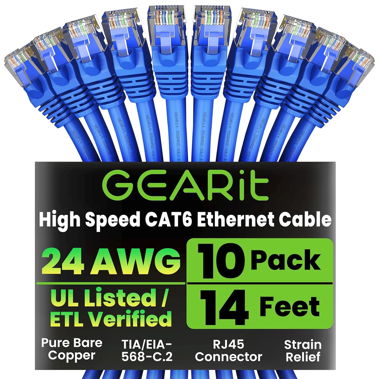 GearIT Cat 6 Ethernet Cable Pack - 10-Pack 14 ft Cat6 Ethernet Patch Cables | RJ45 Network Patch Cable, 10 Gbps Snagless Gold-Plated Connectors - Ethernet Cable Cat 6 for PC, TV, Router - Blue