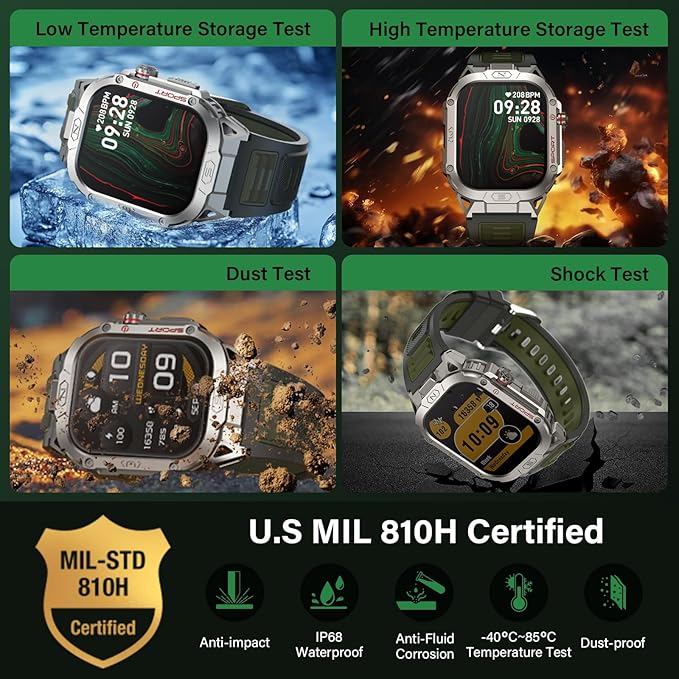 Military Smart Watch for Men, 2.02" Outdoor Sport Smartwatch with Flashlight, Heart Rate Blood Oxygen Blood Pressure Sleep, 100+ Sport Modes Fitness Tracker Compatible Android and iOS Green