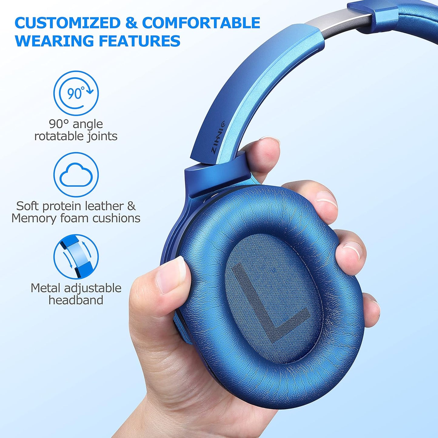 ZIHNIC Active Noise Cancelling Headphones, 40H Playtime Wireless Bluetooth Headset with Deep Bass Hi-Fi Stereo Sound,Over-Ear Headphone,Comfortable Earpads for Travel/Home/Office (Blue)