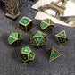 Metal Dice Set D&D, DNDND 7 Die Green DND Dice with Metal Case for Dungeons and Dragons Role Playing Game and Tabletop Games (Gold Number with Enamel Green)