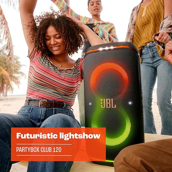 JBL PartyBox Club 120 - Portable Party Speaker with Foldable Handle, Powerful JBL Pro Sound, Futuristic lightshow, Up to 12 Hours of Play time, Splash Proof, Dual Mic & Guitar Inputs (White)