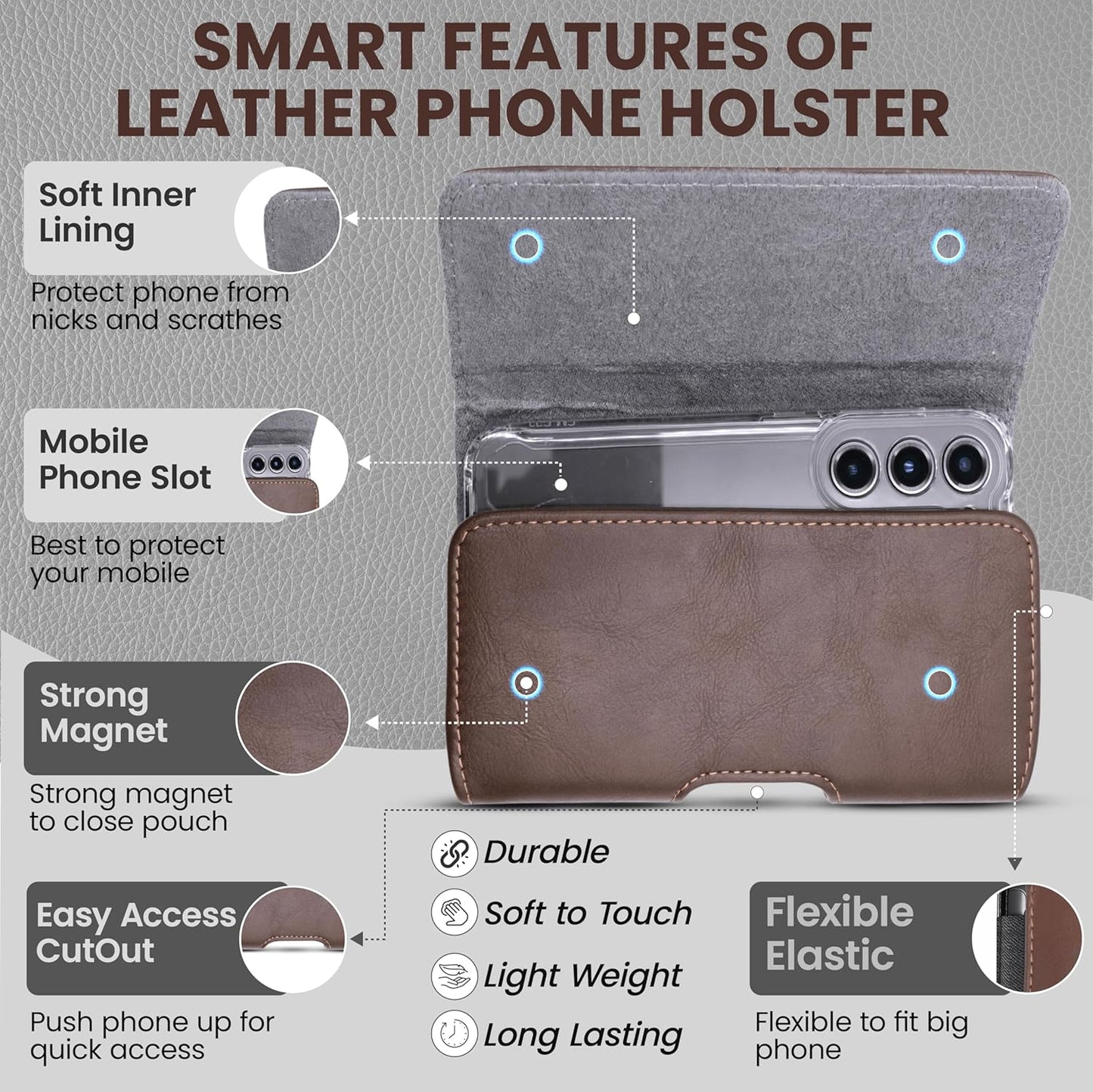 Phone Holster for Men & Women, Horizontal Cell Phone Case, Fits iPhone 17/16/15/14/13/12 Pro Max, Belt Clip/Loop Carrying Phone Pouch Holder, Brown X-Large