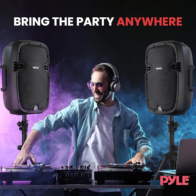 Pyle Wireless Portable PA system - 1000W High Powered Bluetooth Compatible Active + Passive Pair Outdoor Sound Speakers w/ USB SD MP3 AUX - 35mm Mount, 2 Stand, Microphone, Remote - Pyle PPHP1049KT