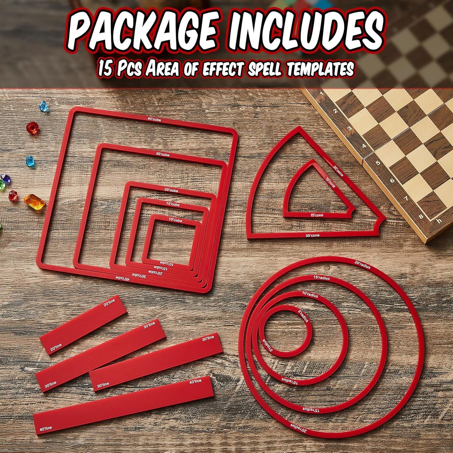 Sintuff 15 Pcs Spell AOE Damage Template Translucent Acrylic Area of Effect Spell Set Include 5 Cube 4 Circle 2 Cone 4 Line Templates for Gifts Tabletop RPG Gaming Accessories(Red)
