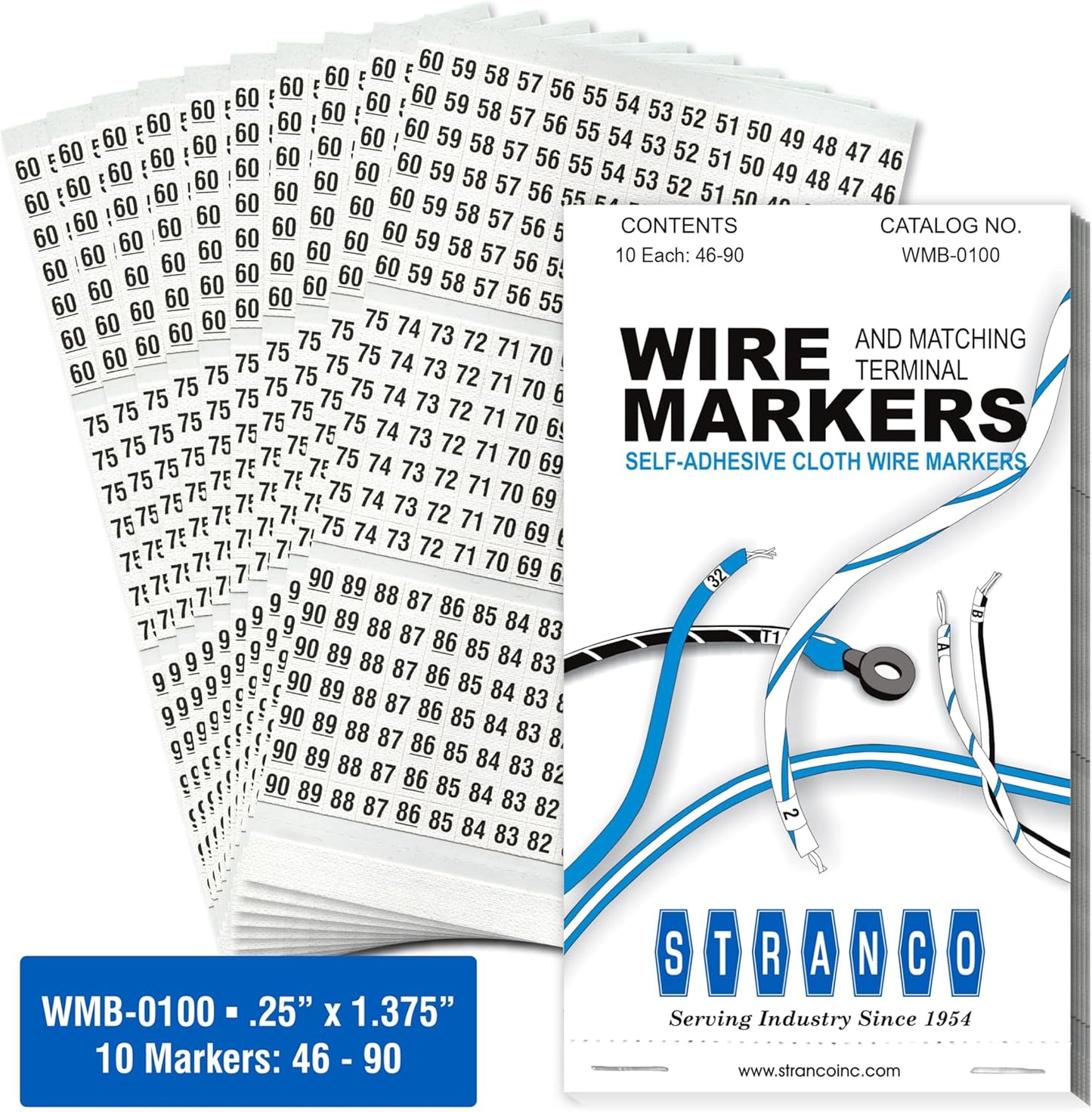 Premium Wire Marker Book for Cable Management, Vinyl-Coated, High-Tack Adhesive, Electric Panel Wire Label Stickers - 10 Pages, 1 Book, Numbered 46-90 (Pack of 25)