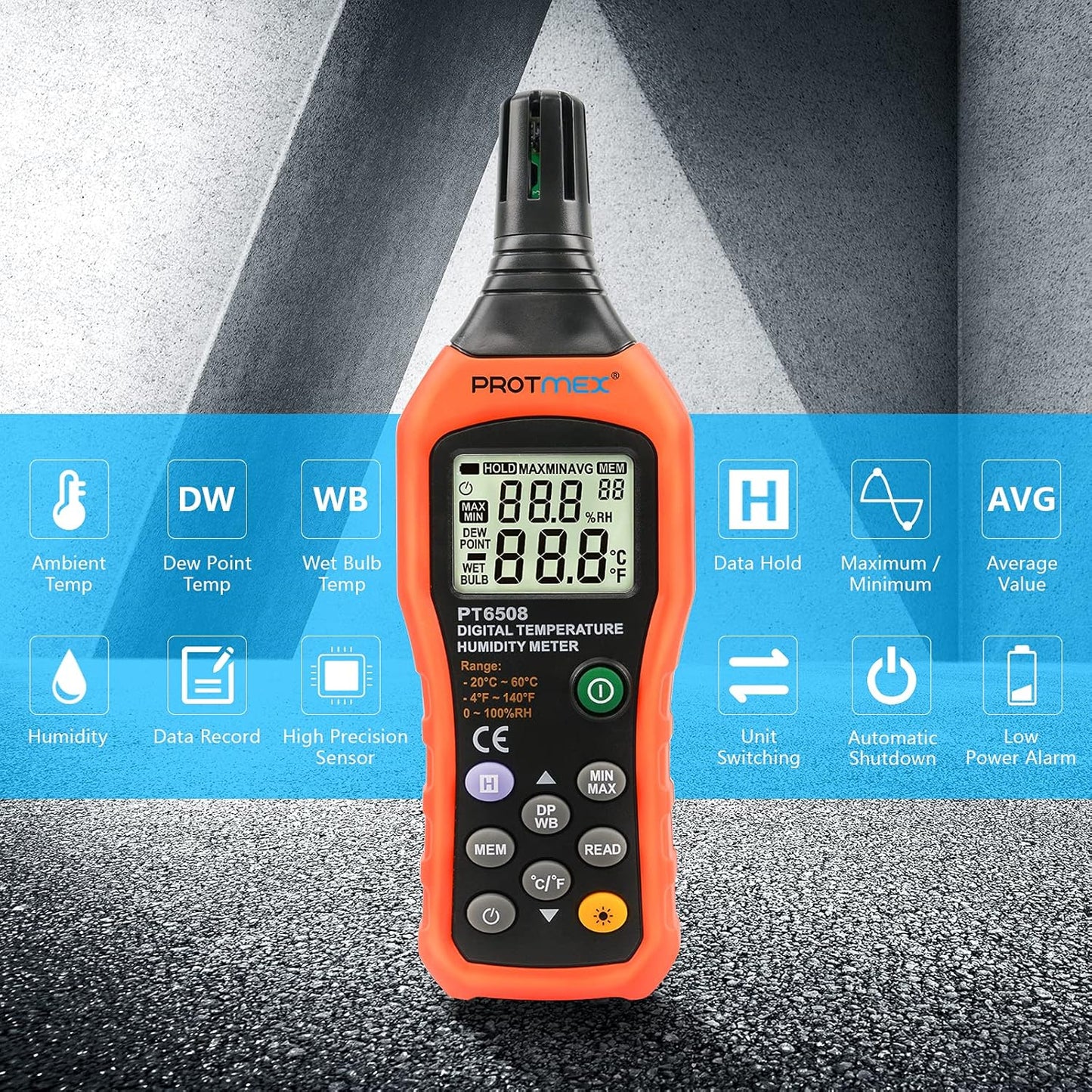 Protmex PT6508 Temperature Humidity Meter, Digital Thermometer Hygrometer Monitor with Ambient, Dew Point, Wet Bulb for Indoor/Outdoor MIN, MAX, Data Hold, LCD Backlight
