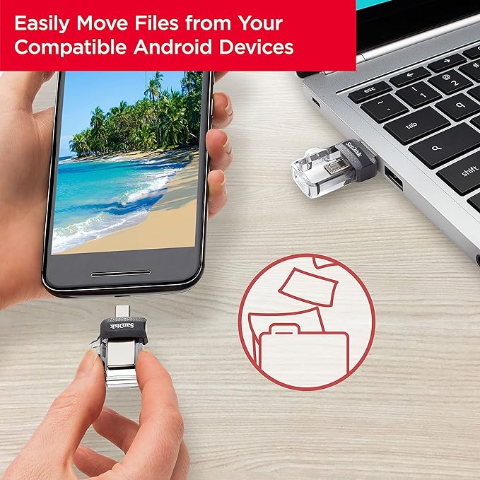 SANDISK 128GB Ultra Dual Drive m3.0, microUSB and USB Type-A, High-speed USB 3.0, Retractable design for Android Devices and Computers - SDDD3-128G-G46, Black