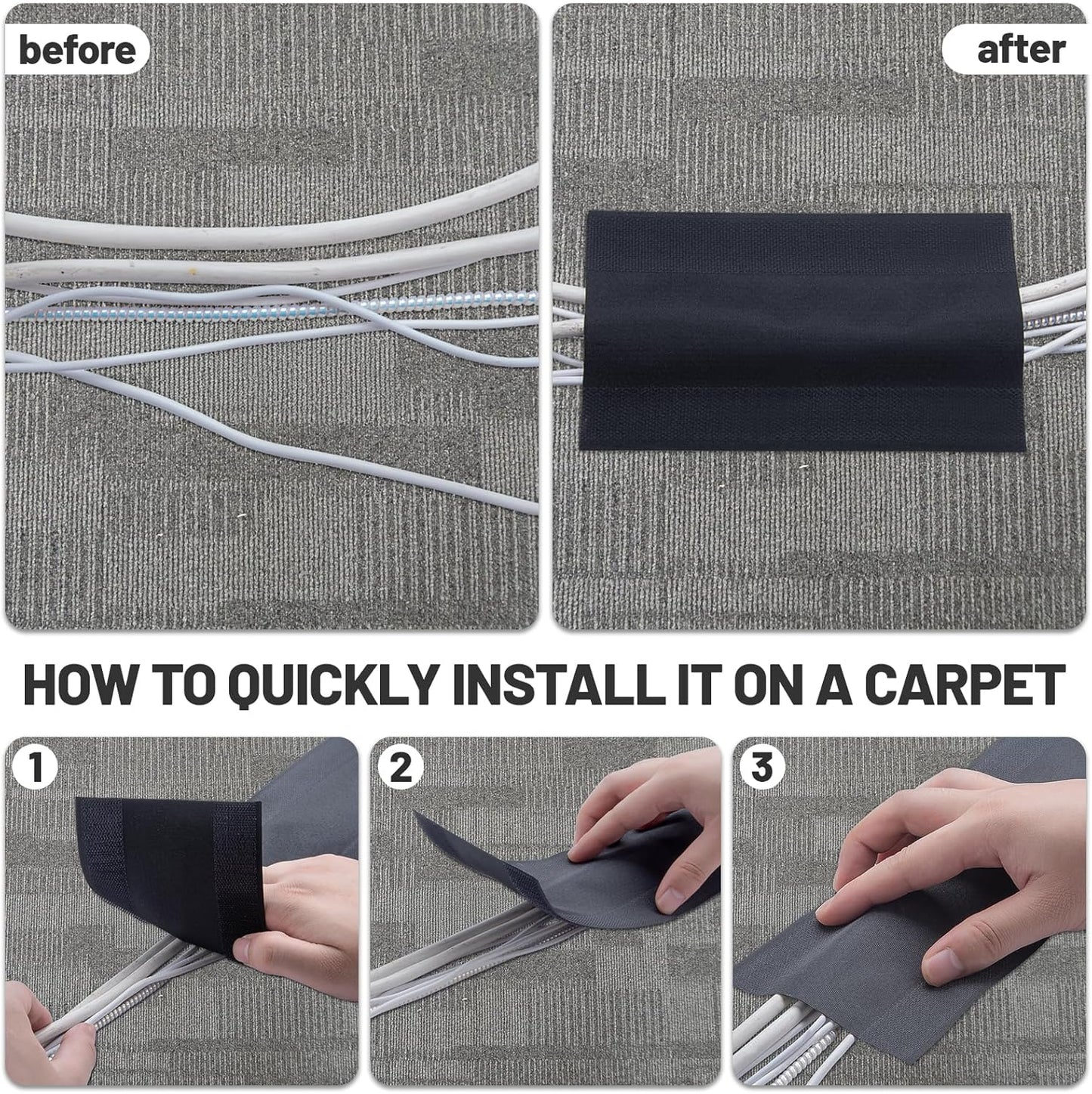 IHKFILAN Carpet Cord Cover Carpet Cable Management Under Desk Cable Grip Strip Black Hook and Loop Tape Cable Polyester Cover Protect Cables to Prevent Tripping Over Wires for Homes & Office(10ft)
