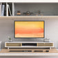 Dual Monitor Stand Riser with Sliding Door, Double Computer Laptop Stand Desk Shelf Organizer with Storage (White + Natural Bamboo, 38 Inch)