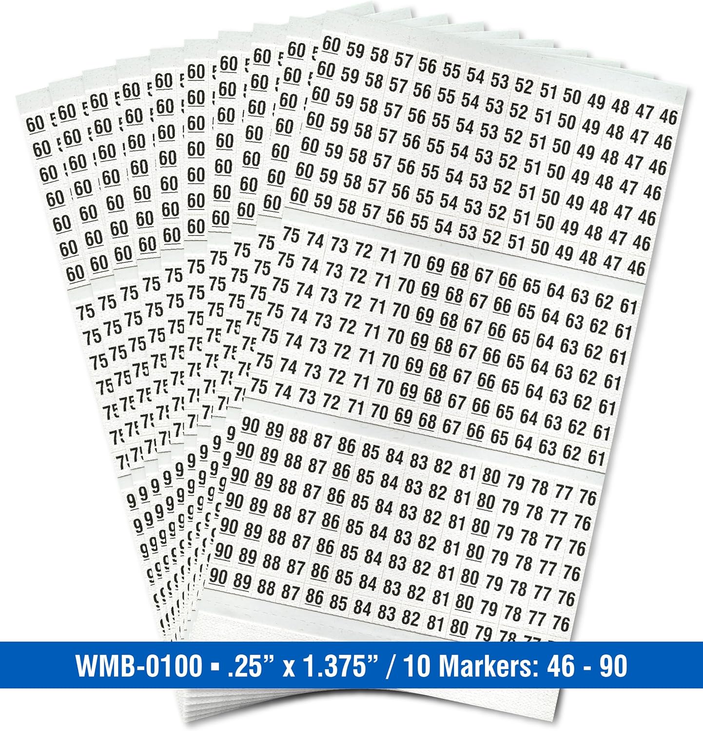 Premium Wire Marker Book for Cable Management, Vinyl-Coated, High-Tack Adhesive, Electric Panel Wire Label Stickers - 10 Pages, 1 Book, Numbered 46-90 (Pack of 25)
