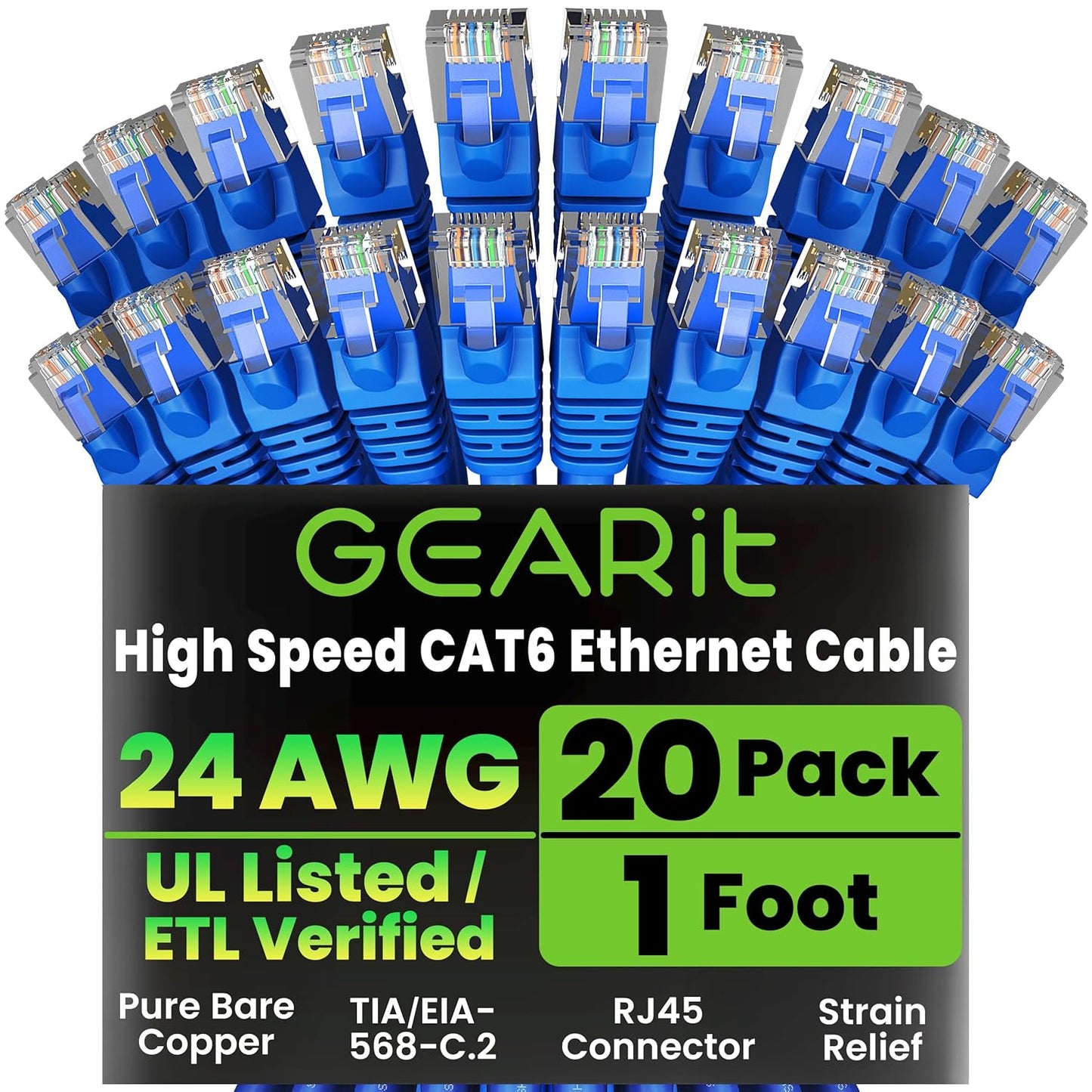 GearIT Cat 6 Ethernet Cable Pack - 20-Pack 1 ft Cat6 Ethernet Patch Cables | RJ45 Network Patch Cable, 10 Gbps Snagless Gold-Plated Connectors - Ethernet Cable Cat 6 for PC, TV, Router - Blue
